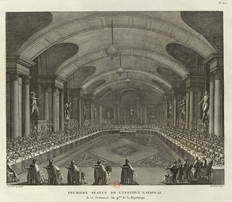 Figure 1. – Première séance de l’Institut, séance publique tenue le 4 avril 1796 dans la salle des Caryatides au Palais du Louvre