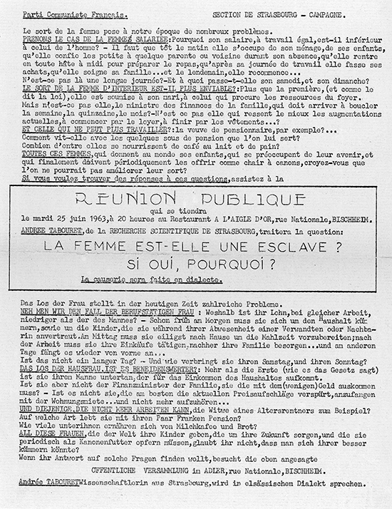 Tract d’annonce de la causerie en dialecte du 25 juin 1963, au restaurant À l’aigle d’or, Bischheim