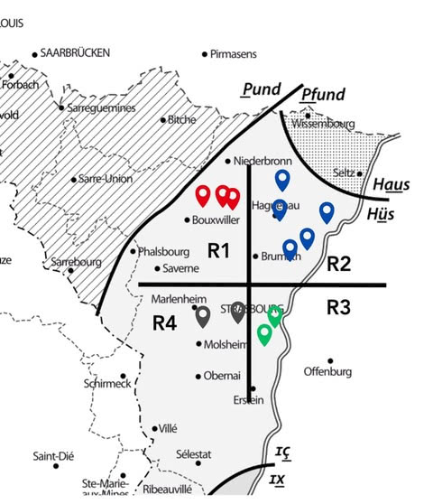 Figure 2 : Carte du nord de l’Alsace, divisé en quatre régions montrant les endroits où les participants ont grandi