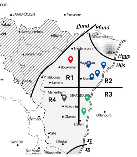 Figure 3 : Carte du nord de l’Alsace, divisé en quatre régions montrant les endroits où les participants vivent actuellement