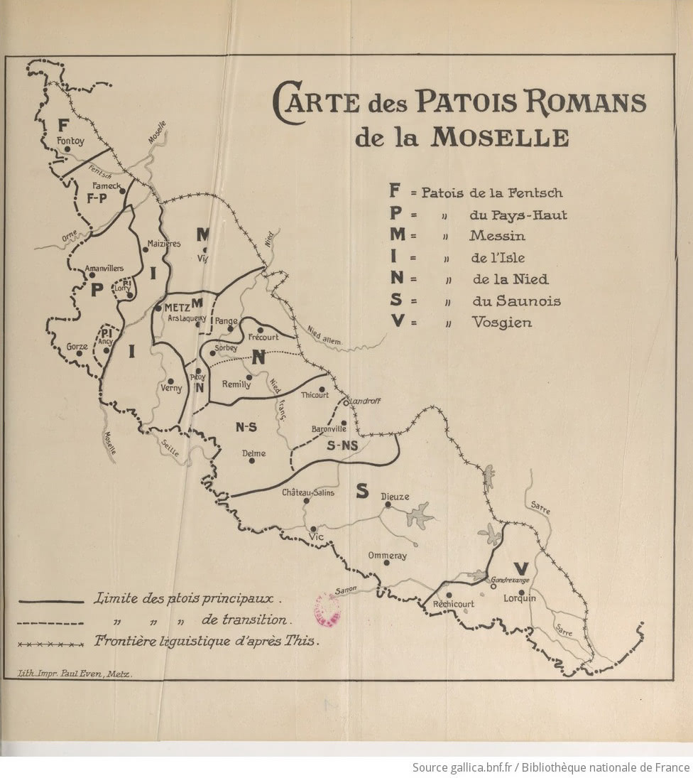 Carte 5 – « Carte des patois romans de la Moselle » (Zéliqzon, 1924 : XX)