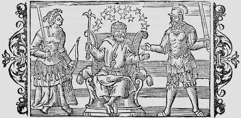 Figure 2: Frigg, Thor and Odin in Olaus Magnus’ Historia de gentibus septentrionalibus, Rome 1555.