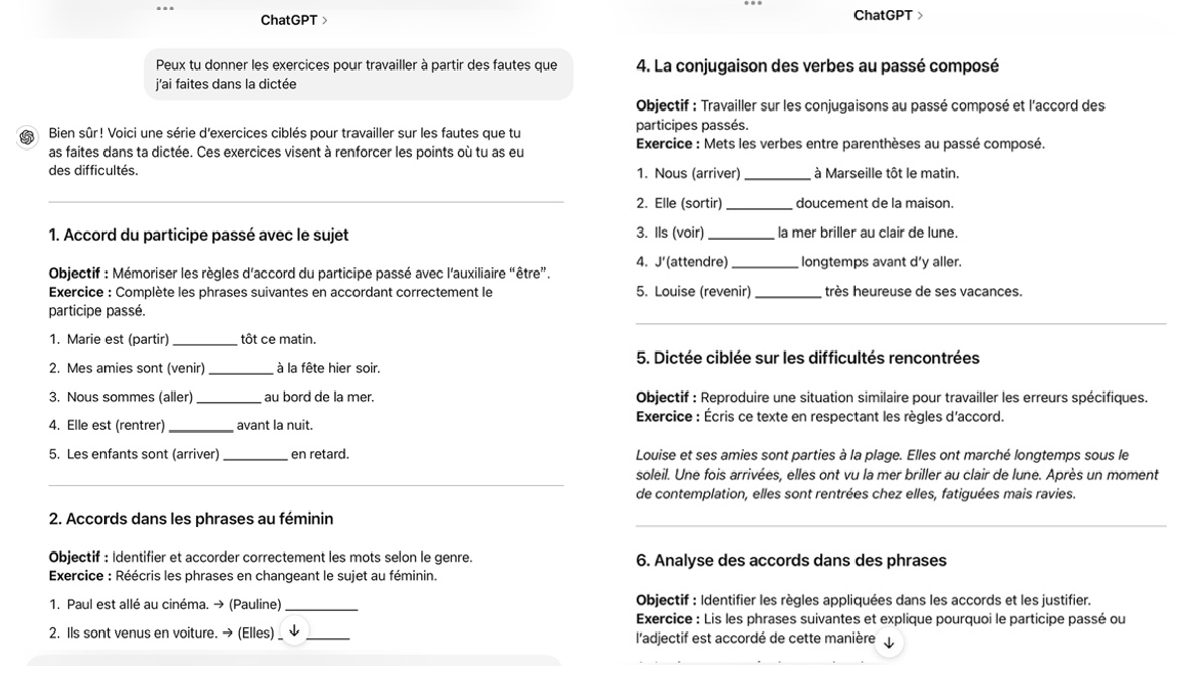 Figure 1 : Exercices générés par ChatGPT en fonctions des erreurs faites par l’étudiant