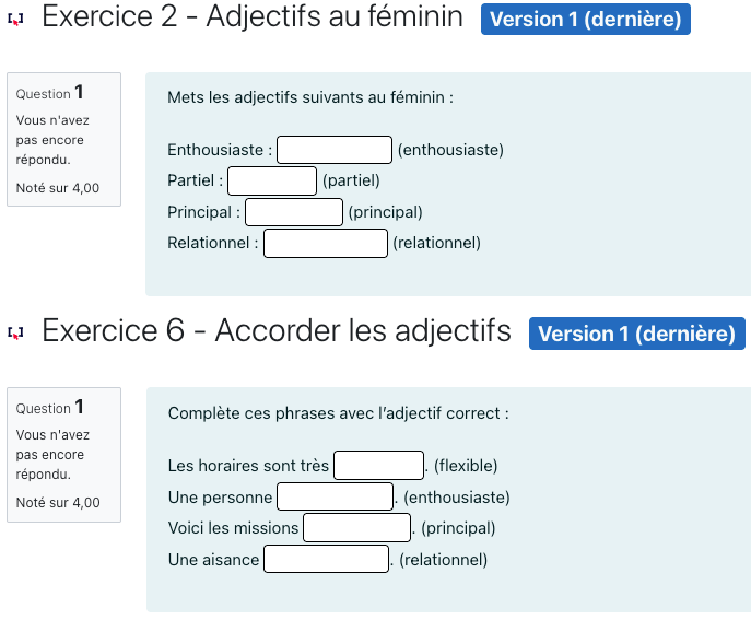 Figure 11 : Interface graphique de deux exercices de type Gapfill générés à l’aide de ChatGPT