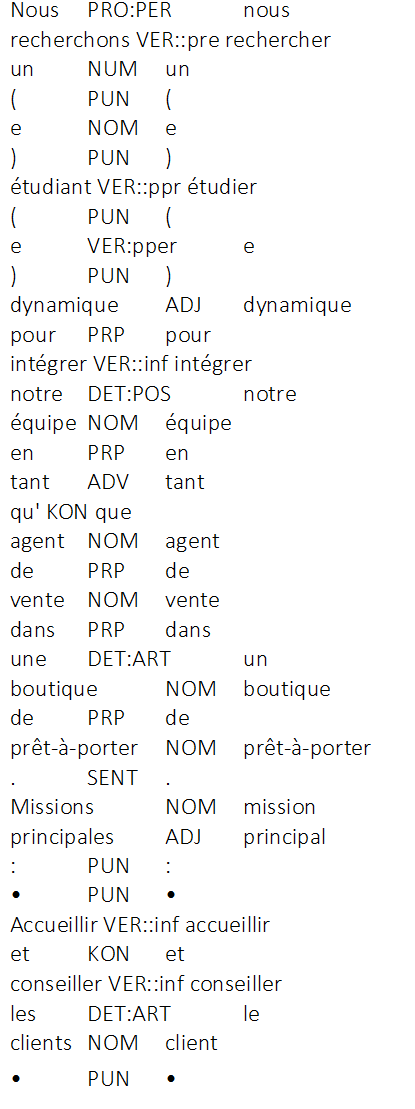 Figure 9 : Extrait du texte de la petite annonce étiqueté à l’aide de TreeTagger