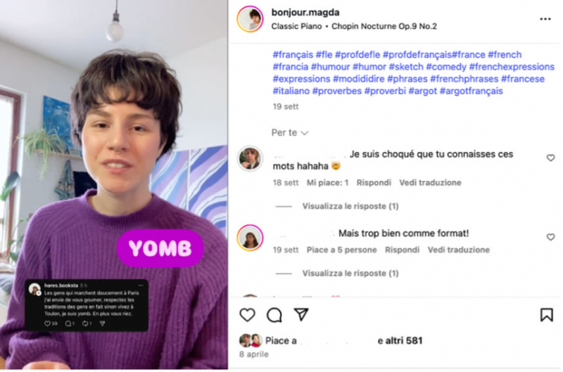 Figure 7 : Exemple de contenu abordant l’argot sur le compte @bonjour.magda (vidéo publiée sur Instagram le 8 avril 2025)