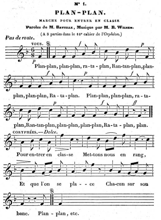 Figure 1. « Plan-plan. Marche pour rentrer en classe », partition publiée dans le Manuel de Cochin (1834) et dans L’Ami de l’Enfance de mai juillet 1835