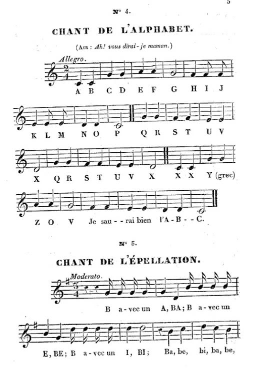 Figure 3. « Chant de l’alphabet et Chant de l’épellation », partitions publiées dans le Manuel de Cochin (1834)