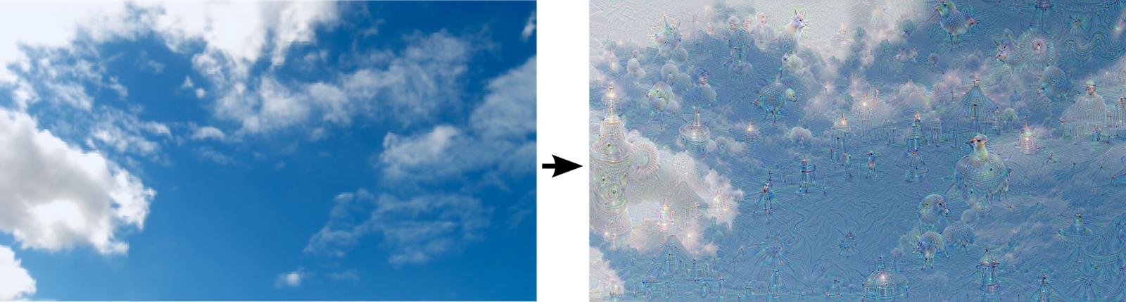 Images de ciel avant et après traitement par DeepDream