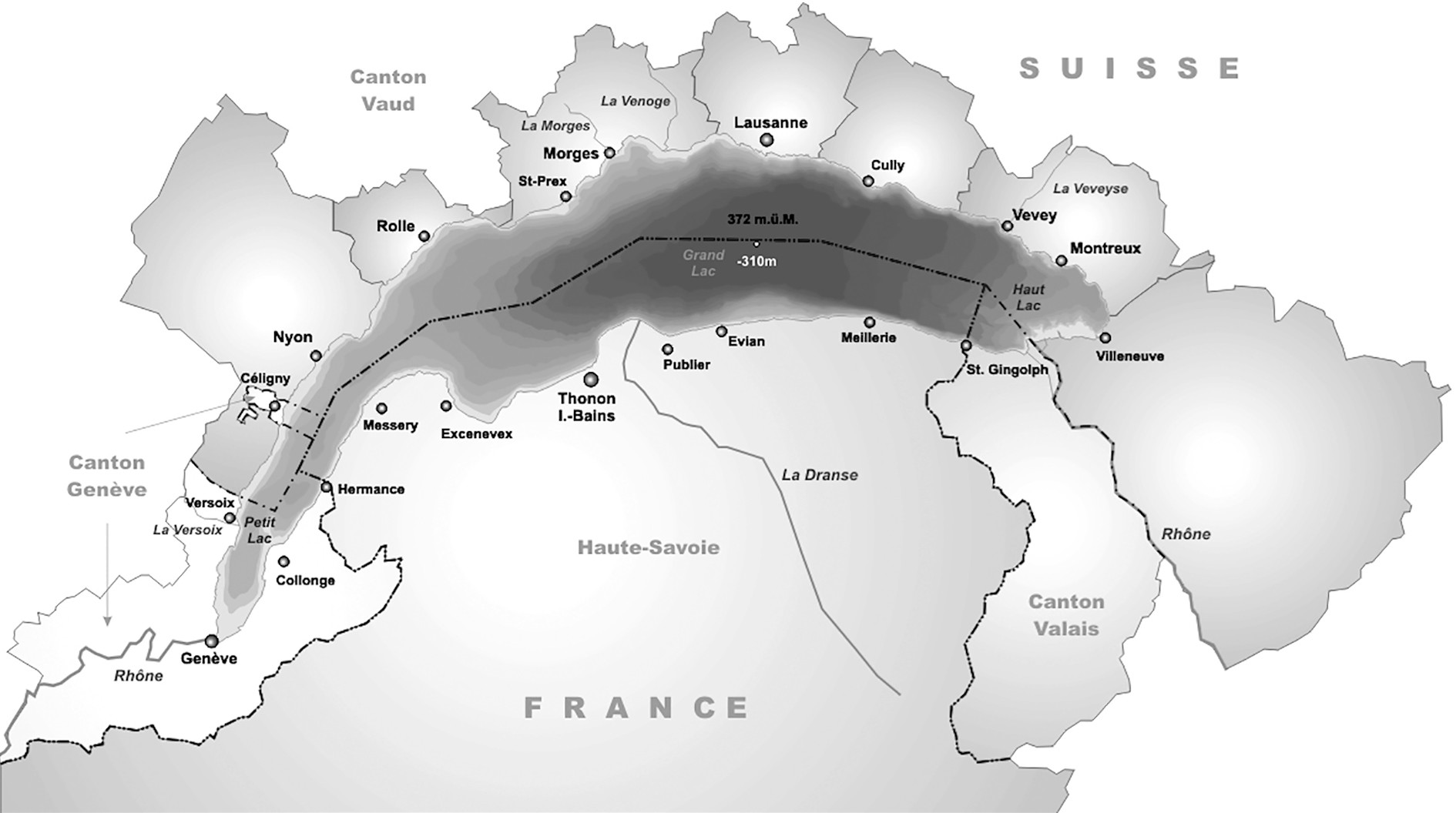 Fig. 1. Frontières cantonales et nationales du Léman et régions lacustres (Petit Lac, Grand Lac, Haut Lac)27