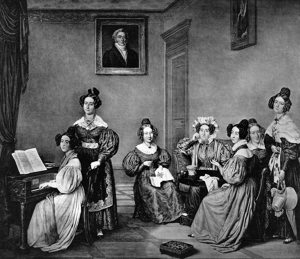 Fig. 1 : Le tableau représentant les dames de la famille mulhousienne Heilmann-Vetter réalisé en 1834 par Jean Mieg montre les jeunes femmes affairées à des travaux de broderie pendant que l’une d’elles joue au piano.
