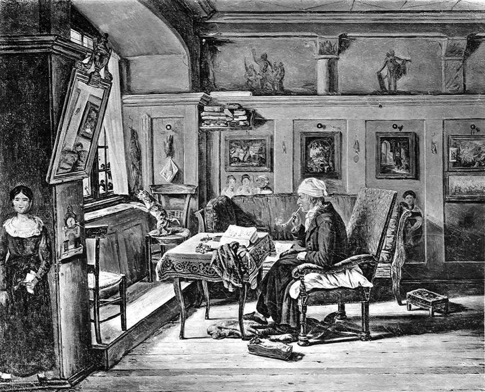 Fig. 2 : Mathieu Mieg, dit le Chroniqueur, peint par lui-même, dans son cabinet de travail, entouré de nombreux tableaux et sculptures, ancienne maison Mieg.