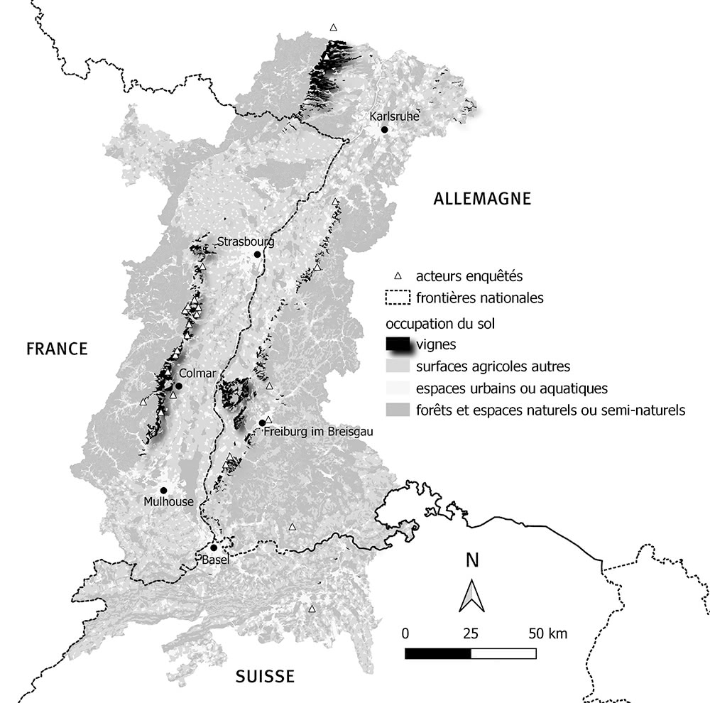 Figure 1 : Localisation des vignobles du Rhin Supérieur et des acteurs enquêtés.