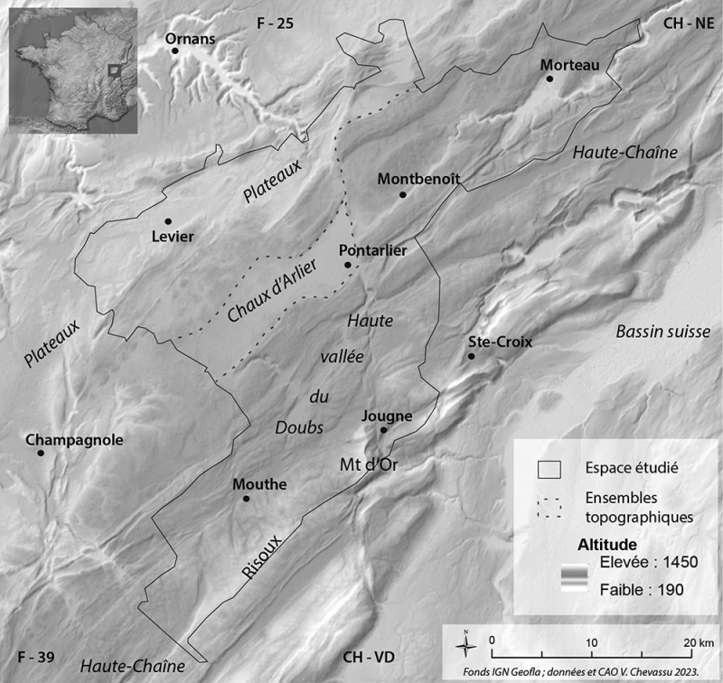 Figure 1 : Localisation et topographie des zones étudiées : le Jura central