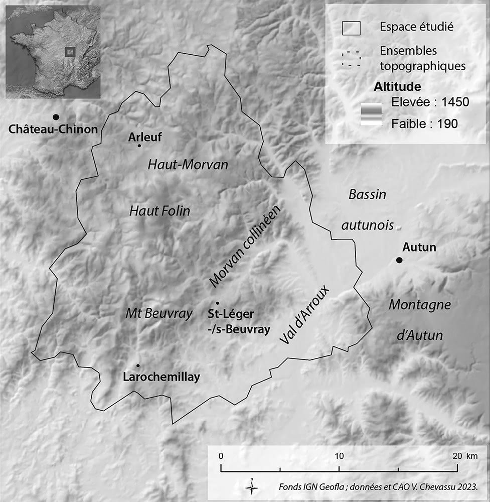 Figure 2 : Localisation et topographie des zones étudiées : le sud Morvan