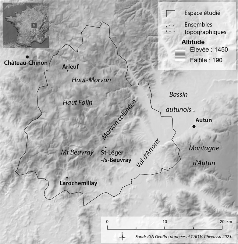Figure 2 : Localisation et topographie des zones étudiées : le sud Morvan