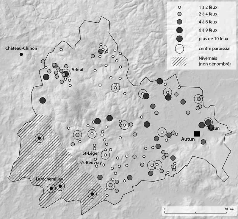 Figure 5 : L’habitat rural en sud Morvan à travers la « cherche des feux » de 1475