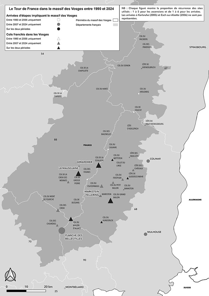 Figure 3. Le Tour de France dans les Vosges entre 1990 et 2024 : du nord au sud