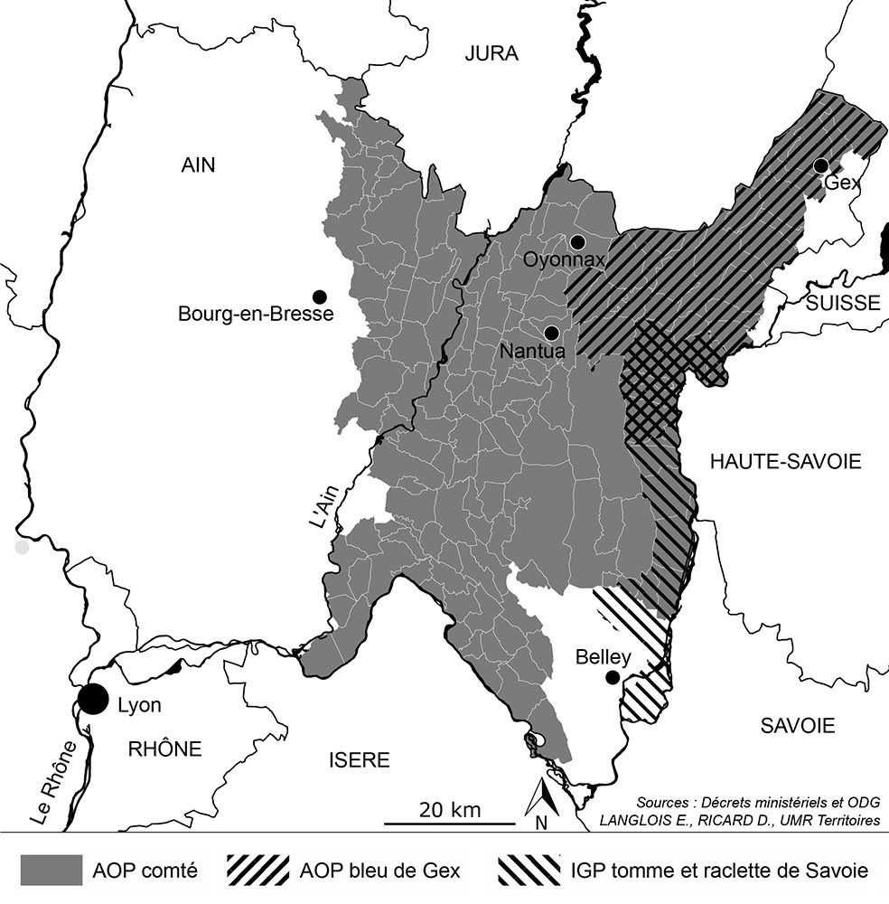 Figure 4 : Les zones d’AOP et d’IGP fromagères dans le Jura méridional