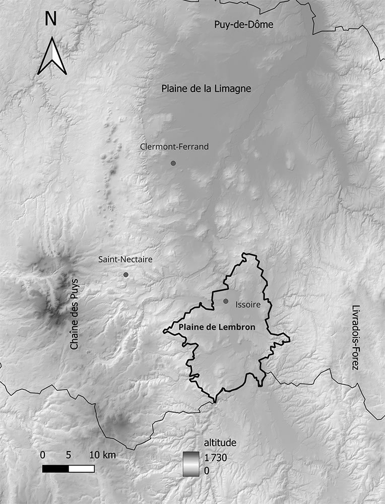 Figure 1 : La petite région agricole de la plaine du Lembron, au sud de la plaine de la Limagne, au cœur du Massif central