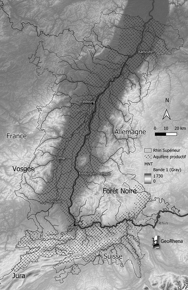Figure 2 : Le Fossé rhénan, à la frontière entre France, Allemagne et Suisse, entre Vosges et Forêt Noire