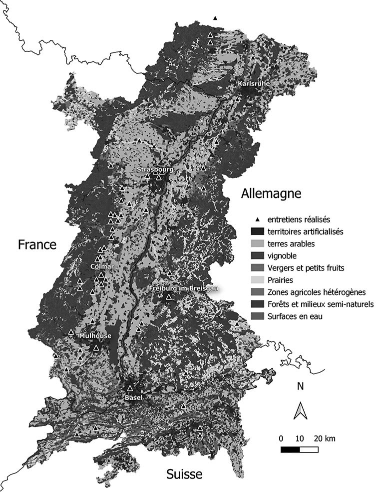 Figure 4 : Occupation du sol dans le Fossé rhénan et localisation des entretiens menés