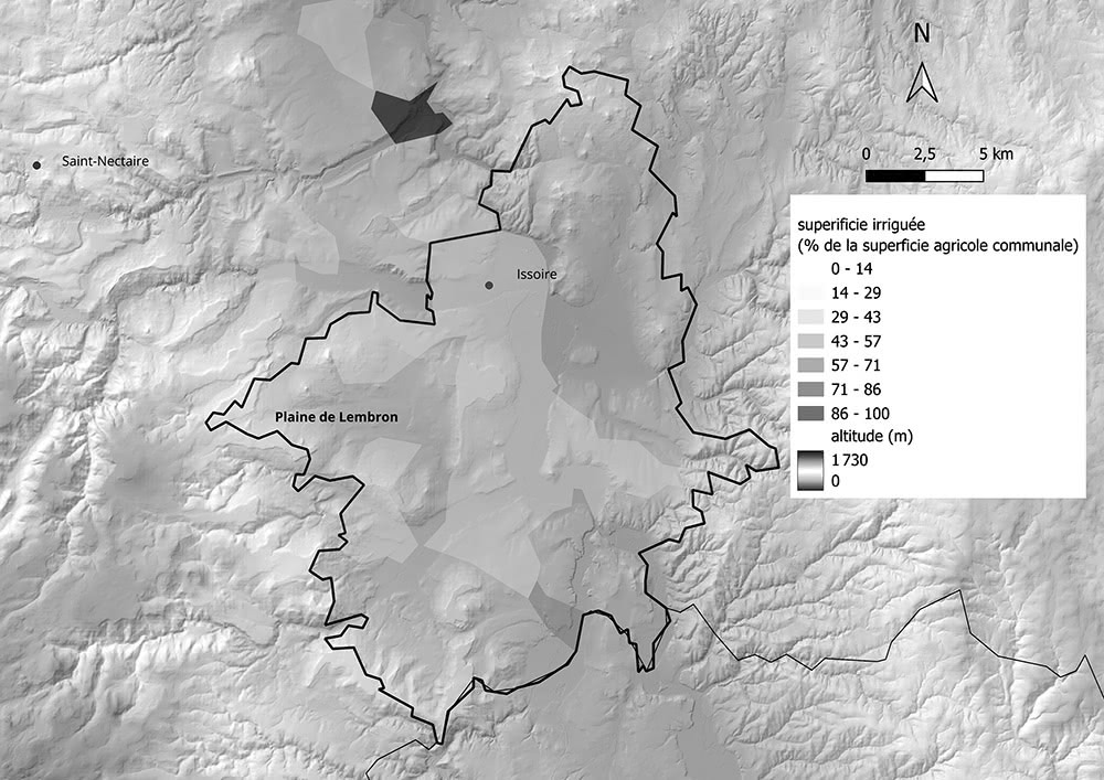 Figure 5 : Part de la superficie agricole communale irriguée dans la plaine du Lembron