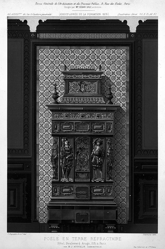 Figure 3 : F. Huguelin (del.), Daumont (lith.), Poêle en terre réfractaire, Hôtel, Boulevard Arago, 103, à Paris, par M. J. Huguelin, constructeur