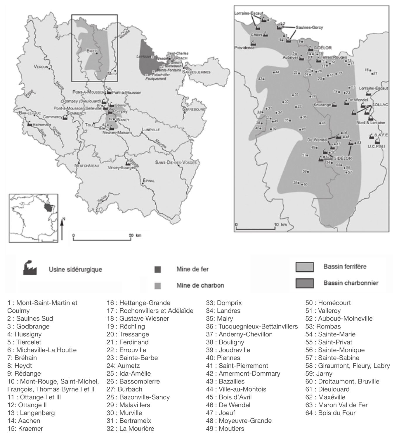 Fig. 1. La Lorraine du fer en 1963 : un espace productif dans une région fortement structurée par les industries minières et sidérurgiques