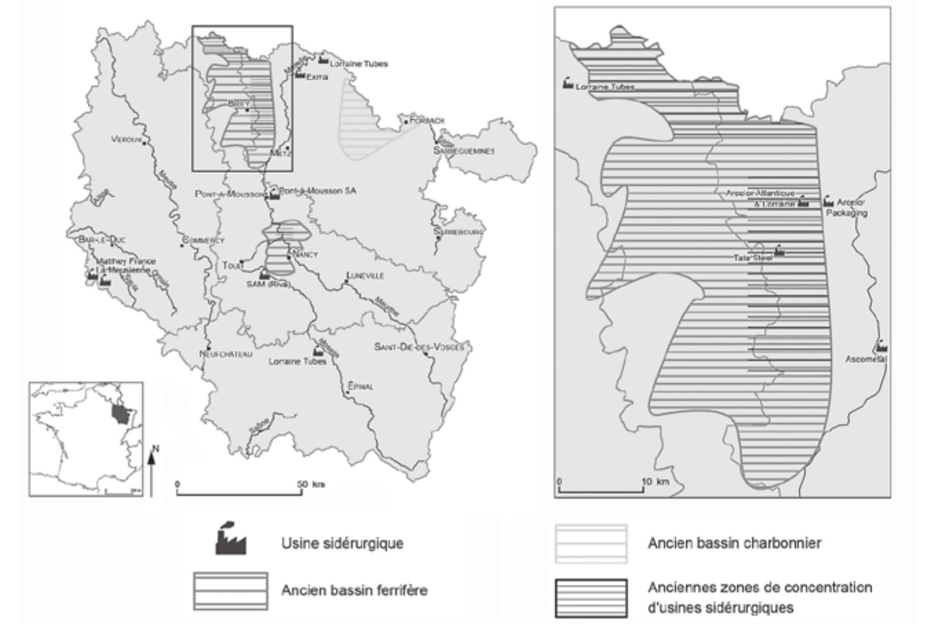 Fig. 2. La Lorraine du fer en 2013 : une industrie sidérurgique performante mais résiduelle dans une région désindustrialisée
