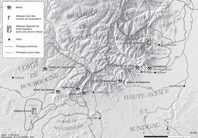 Fig. 1. Les mines du sud des Vosges à la fin du Moyen Âge