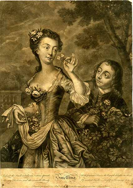 Fig. 2 : Robert Sayer, L’odorat, Mezzoteinte, 1740-1764, Londres, British Museum.