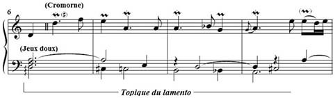 Clérambault L.-N., « Récit de cromorne et cornet du 1er ton (Suscepit Israel) », 1er Livre d’orgue, 1710 (mes. 6-9).