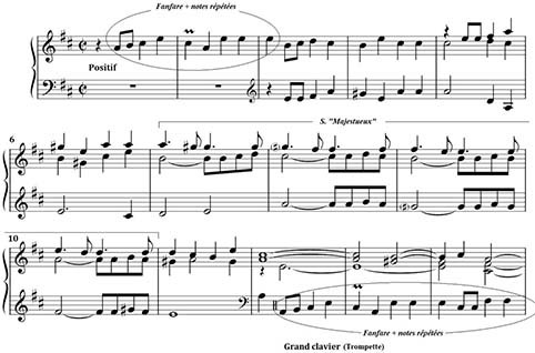 Couperin F., « Dialogue sur les jeux de Trompettes, Clairon et Tierces du grand clavier, et le Bourdon avec le Larigot du positif : Domine Deus Rex caelestis », Messe des paroisses, 1690 (mes. 1-14).